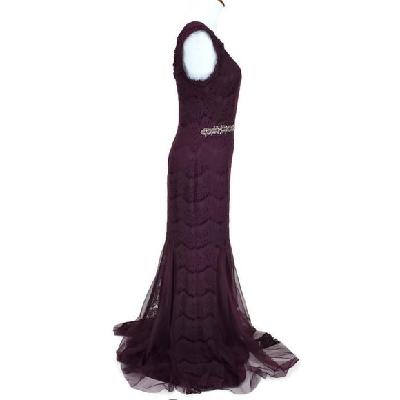 Betsy & Adam Deep Plum Crystal Waist Lace Formal Mother of the Bride Dress SZ 6 - Picture 15 of 16